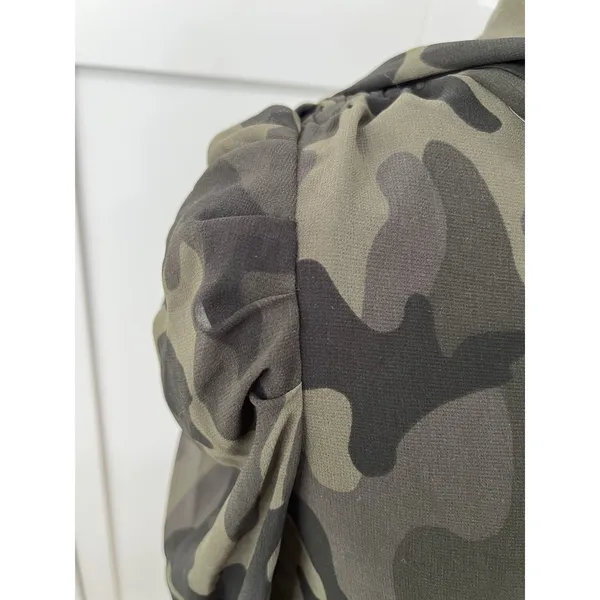 White House Black Market Camo Tie Neck‎ Puff Shoulder Blouse XXS Olive Green - Image 5