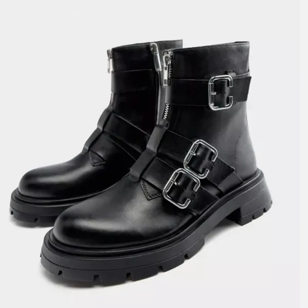 New Zara leather black Moto combat boots buckles and zippers EU 36 US 6 - Image 2