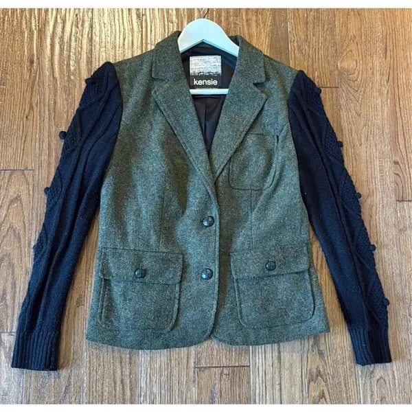 Kensie wool blend tweed popcorn knit sleeve blazer m - Image 3