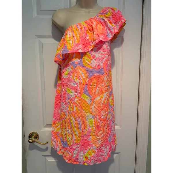 Lilly Pulitzer One Shoulder Ruffle‎ Dress Pink Neon Tropical Shift Small Coastal - Image 2