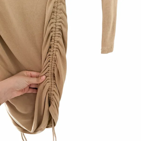 HELLO MOLLY Ribbed Knit Bodycon Ruched Tan Brown Midi Dress Sz M - Image 6