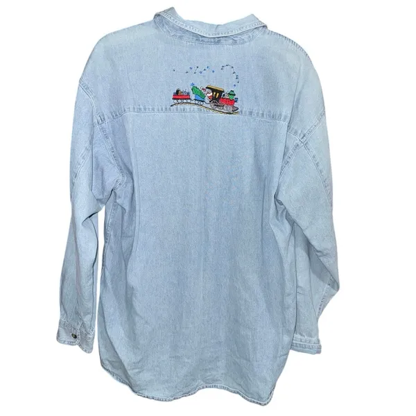 vintage Ultra Club denim shirt Christmas embroidery Trains wreath button up L - Image 4