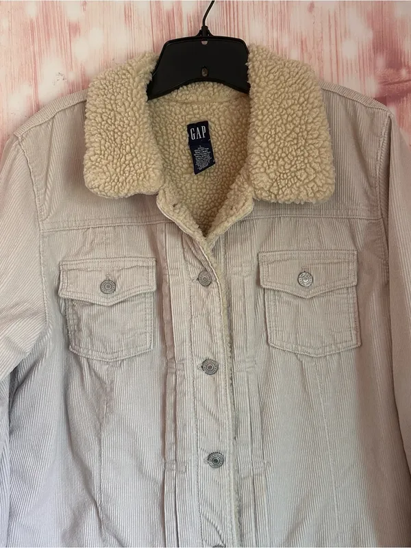 Gap Cream Sherpa Lined Corduroy Button Front Trucker Jacket Size L - Image 2