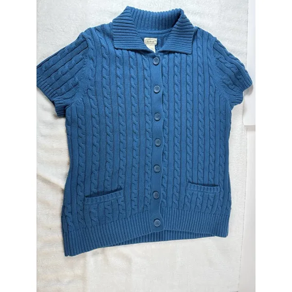 Vintage LL Bean Cable Knit Cardigan Women’s XL Blue Teal Short Sleeve Button Y2K - Image 8
