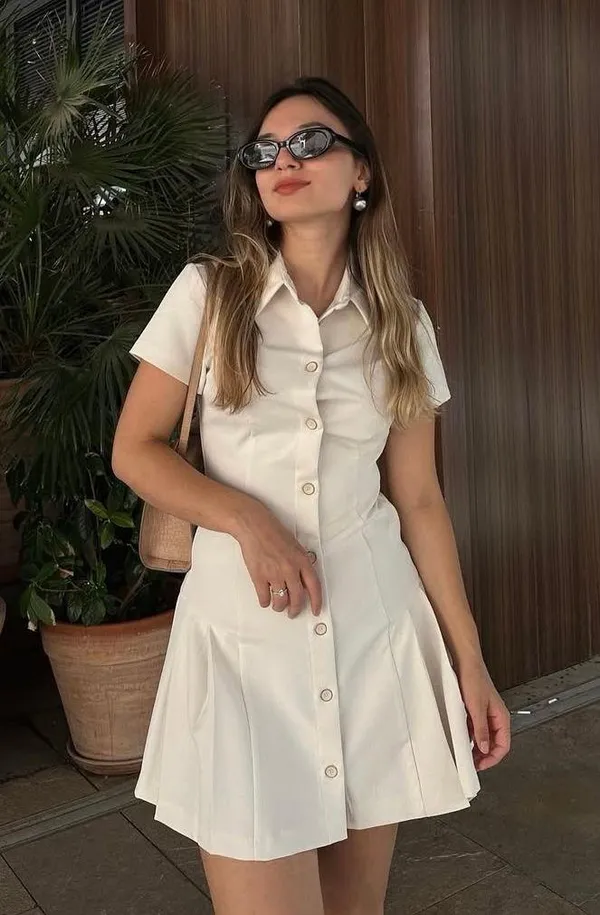Zara mini dress pleated skirt collar button up ivory casual classic old money - Image 3