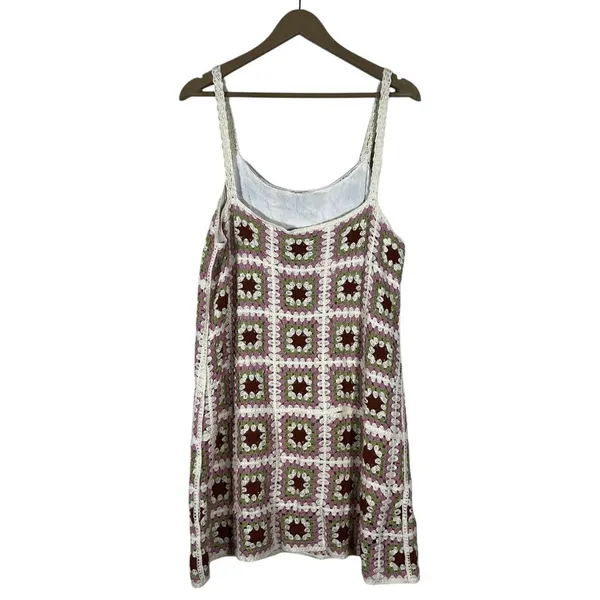 Pink Lily Crochet Granny Square Patchwork Mini Dress Green Brown Boho Size L - Image 3