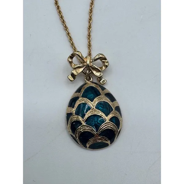 Vintage Blue Enamel Egg Pendant Necklace Bow Detail Gold Tone Chain‎ 18" - Image 4