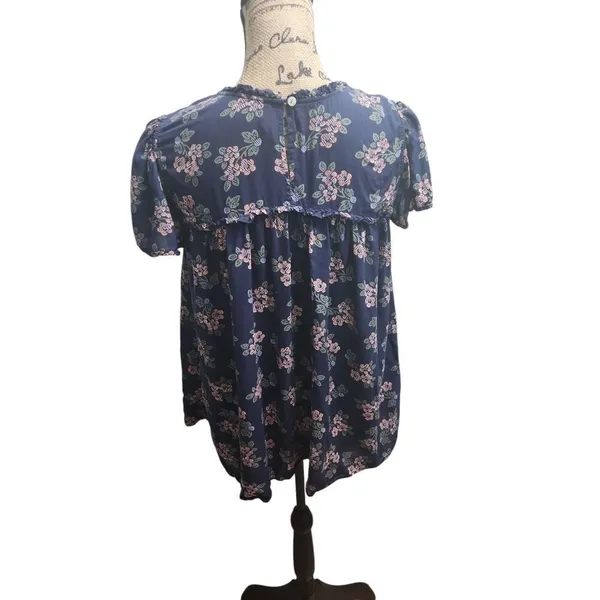 Anthropologie Floral Smocked Top Short Sleeve Blouse Casual Navy‎ Size S - Image 2