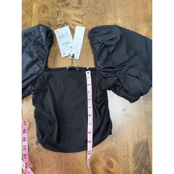 NWT Womens Zara black puff sleeve crop top blouse‎ ribbed size M - Image 6