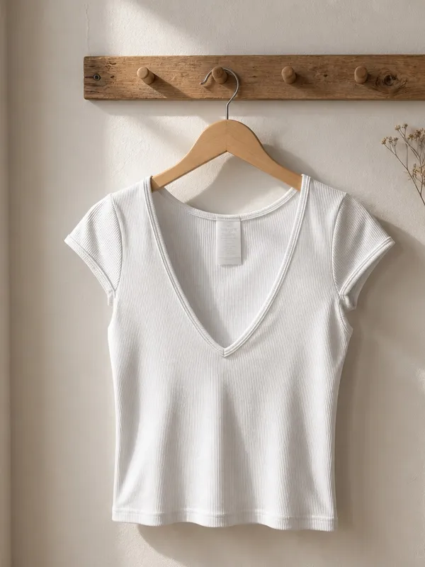 Dynamic Slim White Ribbed V-Neck Tee - Image 2