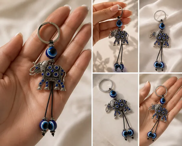 Cute elephant keychain with evil eye beads. It's made of metal with blue gem accents. Attaches to a standard key ring. - Image 5