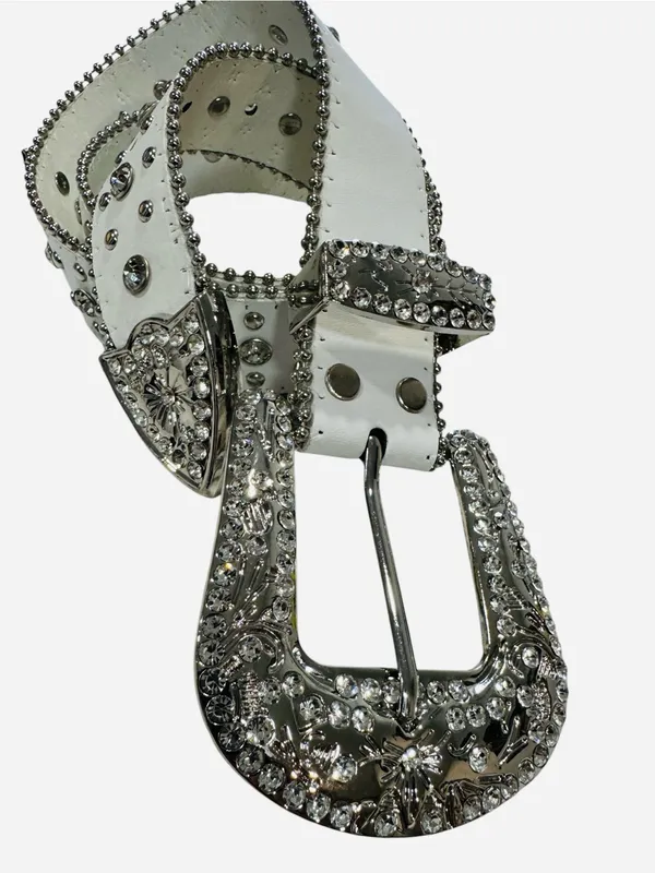 White Rhinestone Belt Studded Western Silver Buckle Cross Detail - Image 4