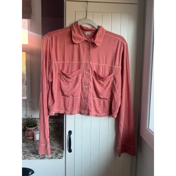 Intimately Free People Pink Long Sleeve Button Down Pajama Top Cropped Size XS - Image 2