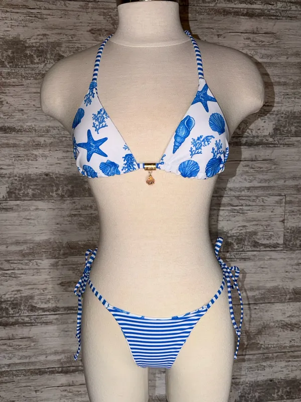 Two Piece White and Blue Reversible Bikini Set  - Image 2