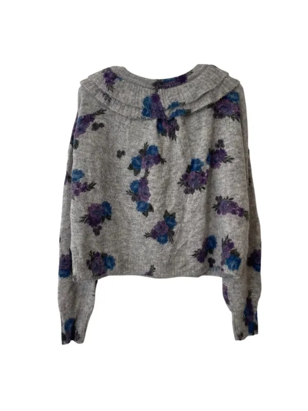 Something Navy Gray Floral Ruffle Tie-Front Sweater - Image 3