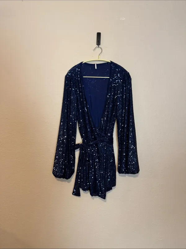 Free People Christa Long Sleeve‎ Sequin Romper Navy Blue Size XS - Image 4