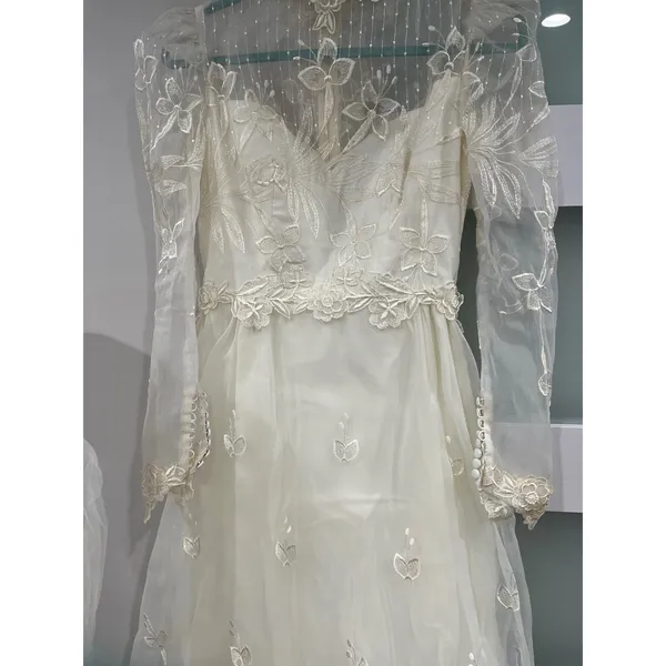 Vintage 80s‎ Victorian Revival Wedding Dress Ivory High Neck Sheer Lace Illusion - Image 3