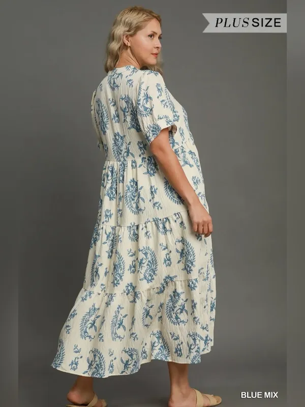 New! Umgee Cream Maxi Dress with Blue Floral Print Size X-Large - Image 6