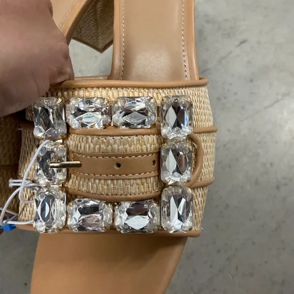A New Day Tan Raffia Crystal Buckle Block Heel Slide Sandals Size 8.5 NEW - Image 3