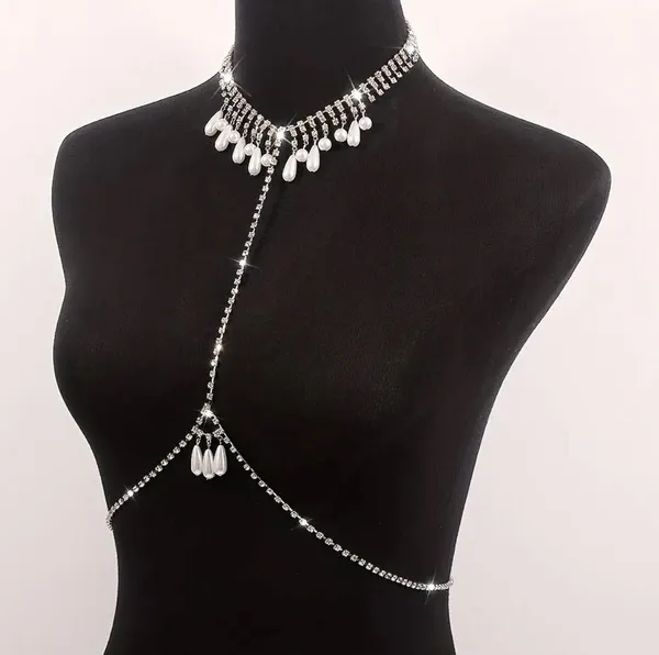 Faux Pearl Tassel Pendant Body Chain Full Of Shiny Rhinestone Body Chain Jewelry - Image 7