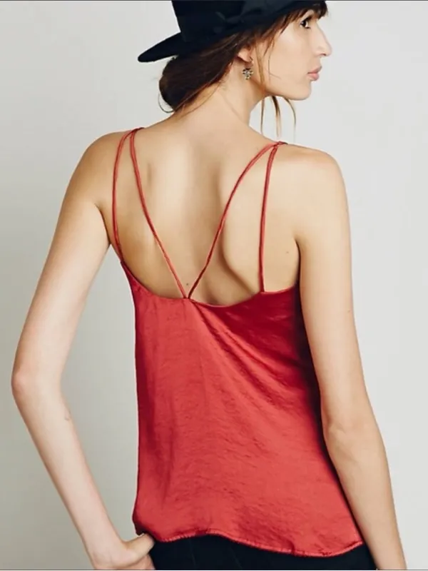 Free People • Sensual Satin Scallop Deep V Cami top tank Burnt Earth rust red - Image 4