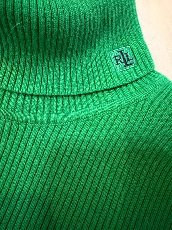 Lauren Ralph Lauren RL Logo Green Ribbed Cotton Turtleneck Sweater Women’s Medium - Image 2