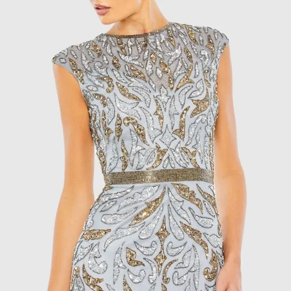 Mac Duggal 6 Silver Gray Gold Beaded Illusion Cap Sleeve Column Gown Maxi Dress - Image 4