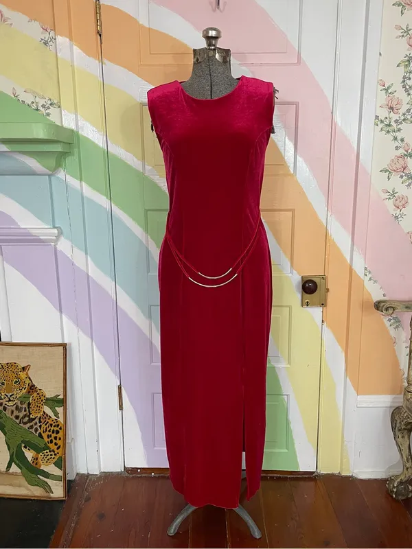 Vintage Giorgio Fiorlini Red Velvet Maxi Dress Silver Waist Detail Sz 5/6 💚🎀 - Image 3
