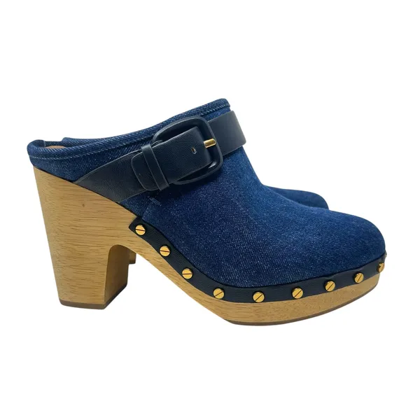 Veronica Beard Dacey Denim Clogs Heels Studded Buckle Wood Blue‎ Size 9.5 - Image 6
