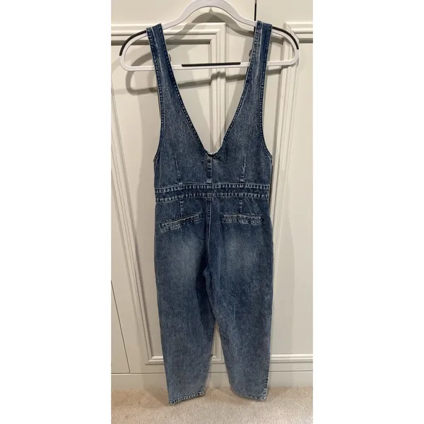 Forever‎ 21 Zip Front Denim Overalls Patch Pocket Boho Retro Medium Wash - Image 3