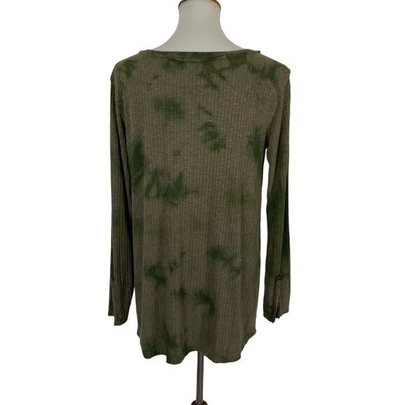POL Womens Tie Dye Henley Top Brown Green Ribbed Long Sleeve Boho BWT686 Small - Image 4