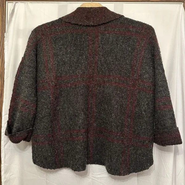 Free People Womens XS/S Gray Red Plaid Wool‎ Blend Oversized Cardigan Sweater - Image 3