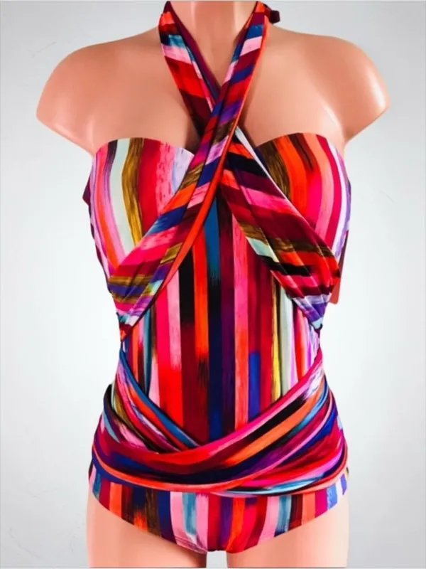 Athena Kaleidostripe Ashlyn One Piece Swimsuit M NWT Convertible Halter - Image 3