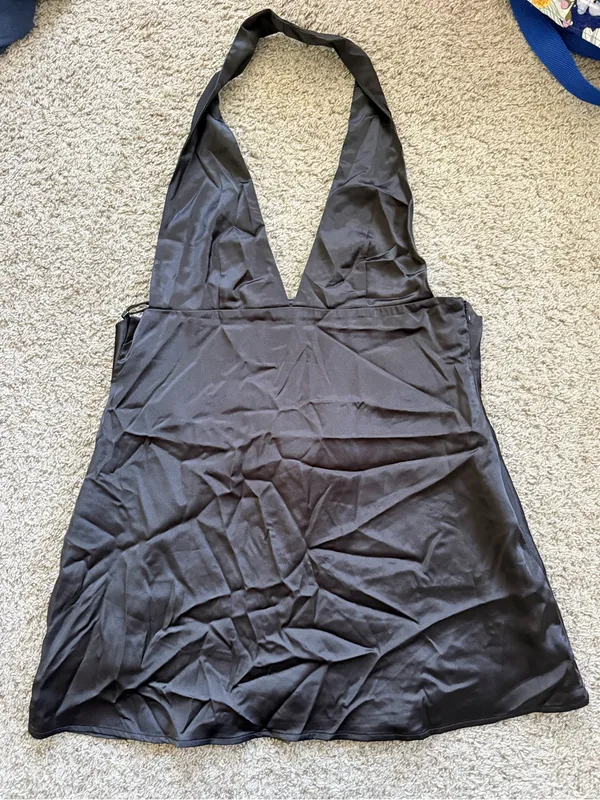 Peppermayo Satin Black Halter V-Neck Mini Dress - Image 2