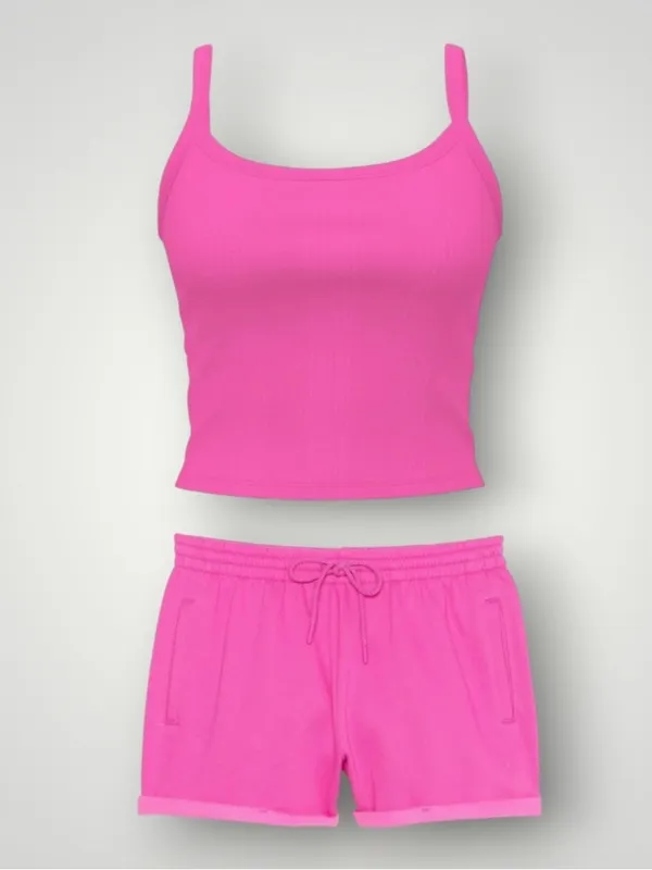 VICTORIA’S SECRET PINK Rib Cami & Campus Fleece Rolled Hem Shorts Pink Gossip L - Image 5