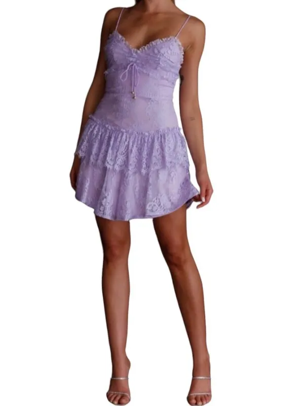 Angel Biba Sleeveless Tiered Shimmer Lace Floral Mini Dress Lavender Purple Size - Image 3