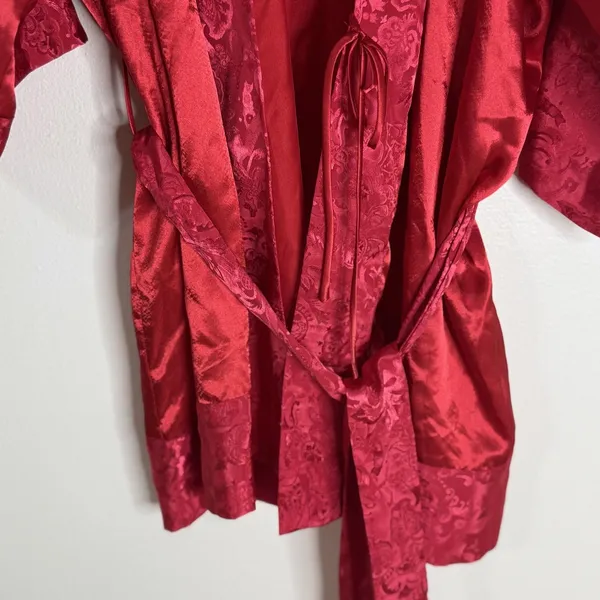 Victorias Secret Robe Womens One Size Red Satin Jacquard Floral Kimono Belted‎ - Image 8