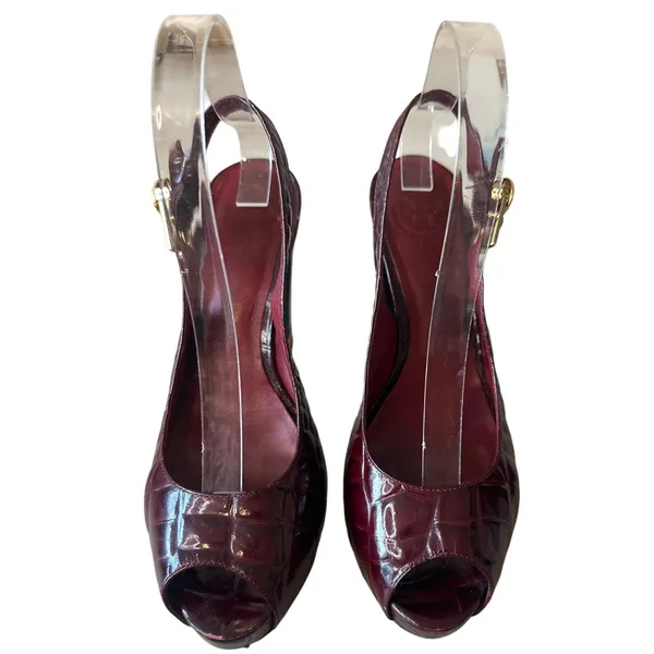 Tory Burch Allison Croc Patent Slingback Peep Toe‎ Block Heels 8 Bordeaux - Image 2