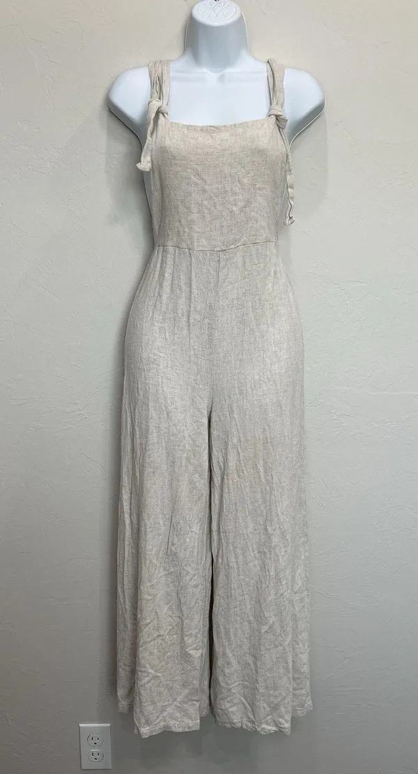 Audrey 3+1 S Small Jumpsuit Bibbed Overall Linen Cropped Sleeveless Boho Coastal - Image 2