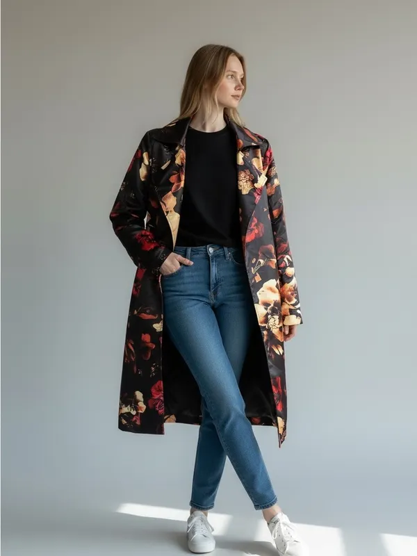 Floral Print Long Trench Coat - Black with Red & Gold Accents - Image 3