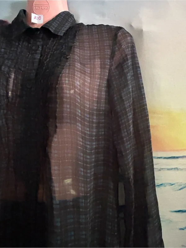 American Eagle Women’s Sheer Black Plaid Button-Up Blouse SM - Image 3