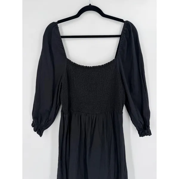New‎ Look Curves Midi Dress Womens 14 Black Smocked Linen Blend Cottagecore Boho - Image 4