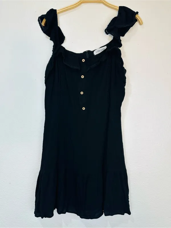 Black Ruffle Mini Dress with Button - Image 3