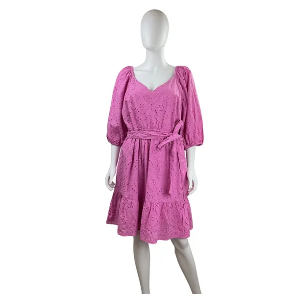 ELOQUII Elements Pink Eyelet Lace Tiered Midi Dress ‎ Belted Size 16 - Image 3
