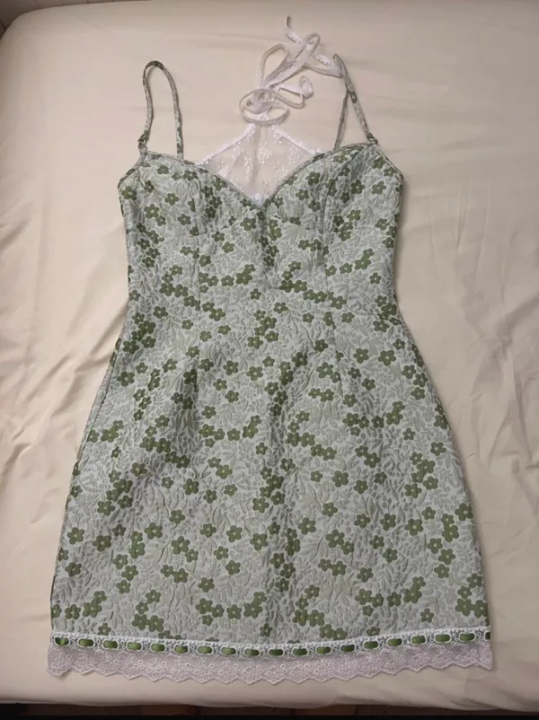 Green Floral Jacquard Halter Dress with Lace Hem - Image 2