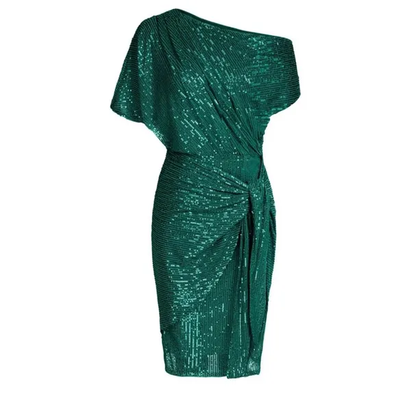 Women's Party Dress Sequined Pleated Short Sleeve Asymmetric Shoulder - Image 2