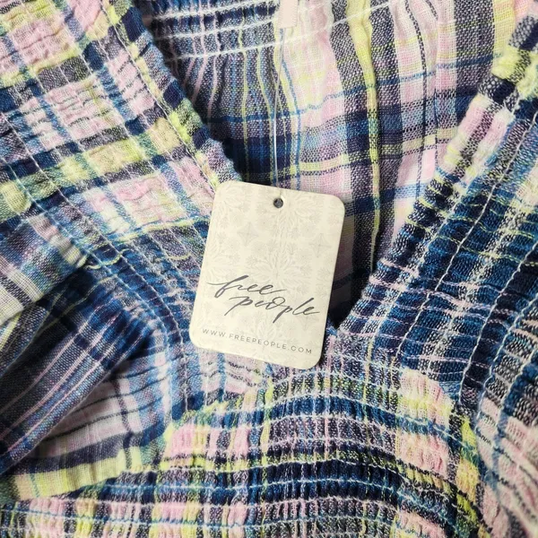 Free People Multicolor Smocked V-Neck Long Sleeve Marlena Plaid Crop Top Size XS - Image 7