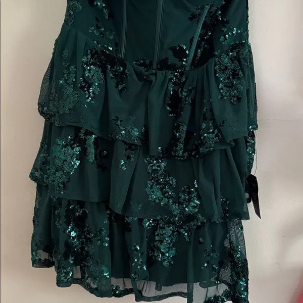 Lulus Definite Glamour Emerald Mesh Sequin Bustier Tiered Mini Dress NWT - Image 5
