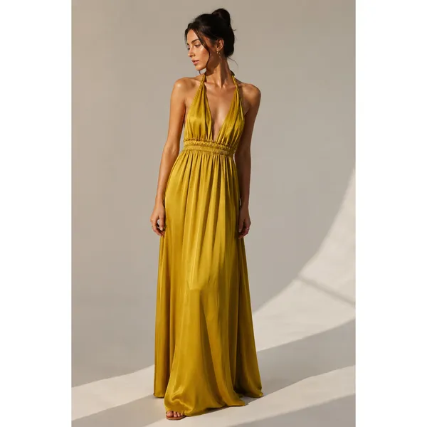 LoveShackFancy Golden Satin Plunge V-Neck Braided Halter Open Back Maxi Dress - Image 3