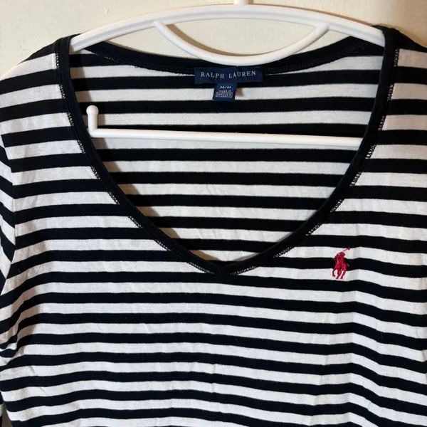 Ralph Lauren Navy White Striped V-Neck Long Sleeve‎ Cotton Tee Shirt Size Medium - Image 3